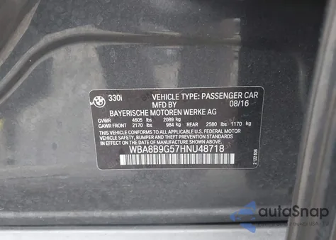 2017 BMW 330I z USA, uszkodzony, nr VIN WBA8B9G57HNU48718